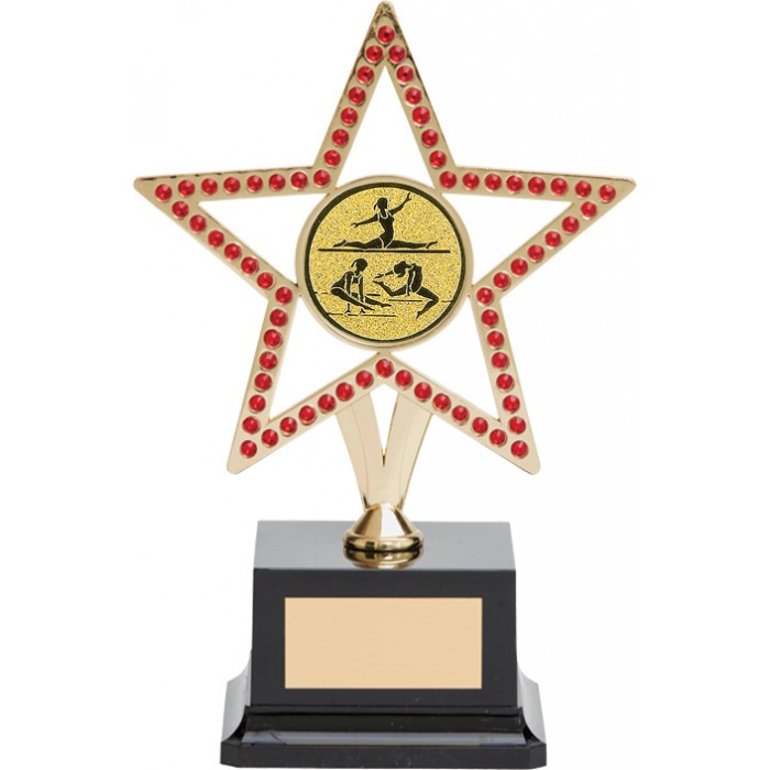 10'' GOLD METAL STAR GYMNASTICS TROPHY WITH RED GEMSTONES - CHOICE OF CENTRE